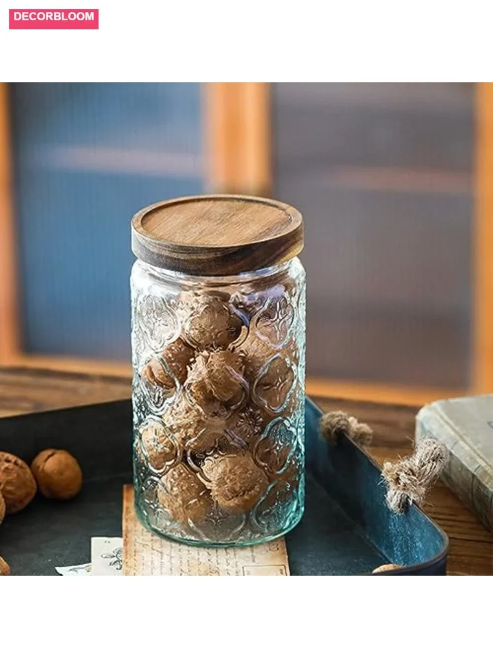 Glass Storage Jar with Airtight Bamboo Wooden Lids, 34 oz Set of 2